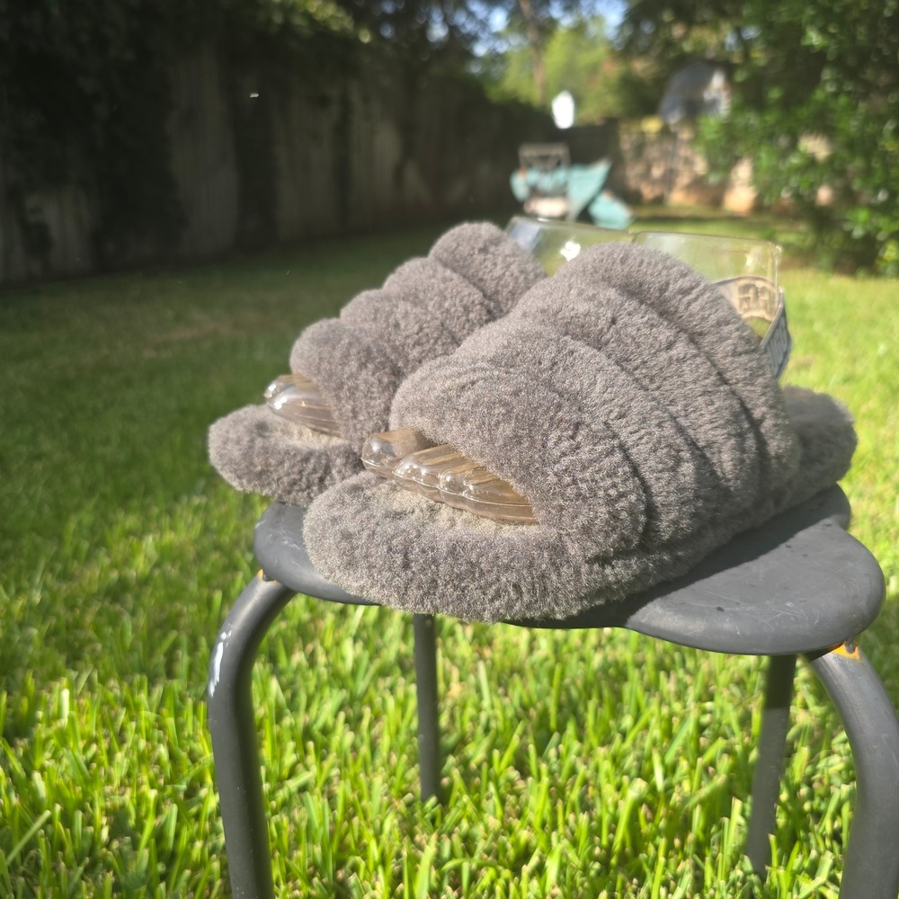 UGG Fluff Yeah Slide Charcoal Grey Sheepskin Platform Slipper Sandal 1095119
